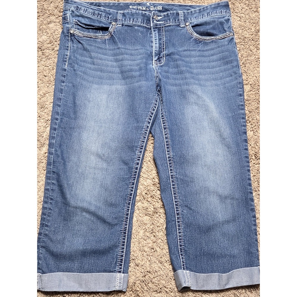 Rhythm in Blues Womens Cuffed Capri Jeans Size 14 Reg Blue Denim Bling Pockets